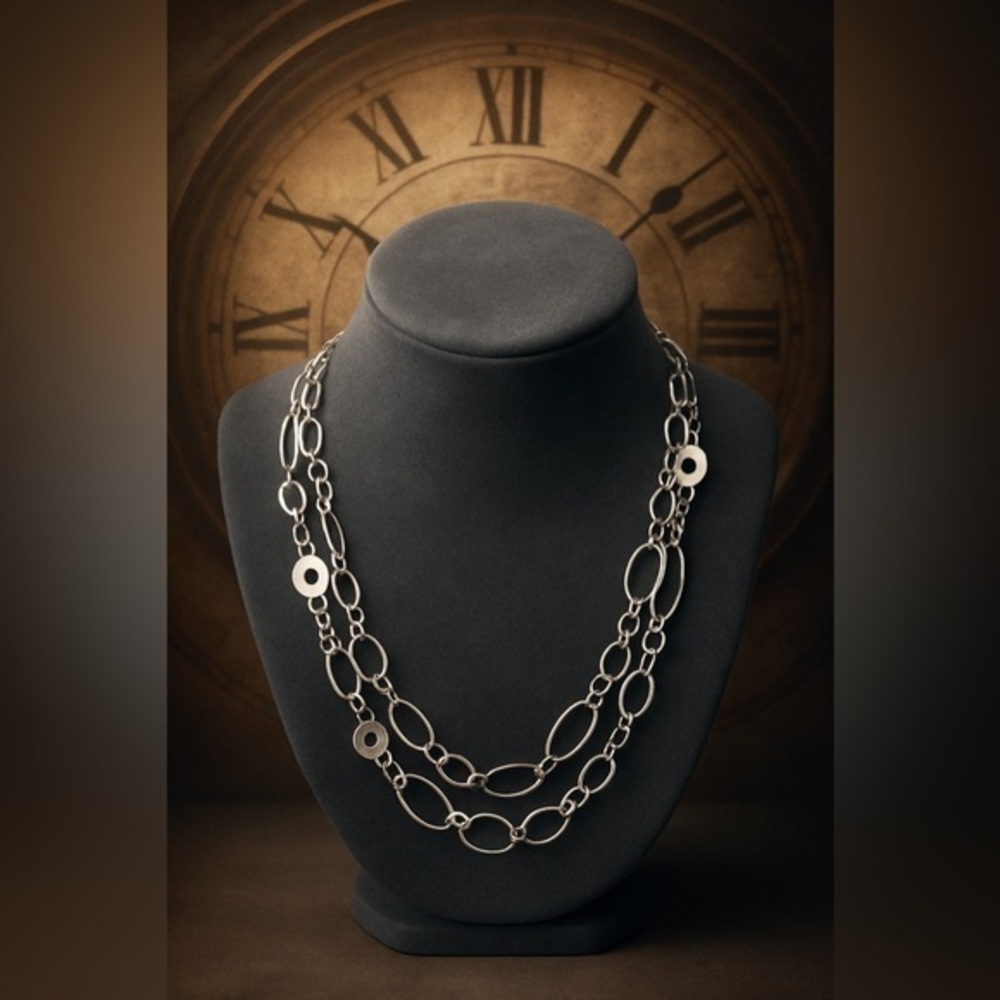Premier Designs “Infusion” Necklace – Matte Silver Double Chain EUC 28" #070